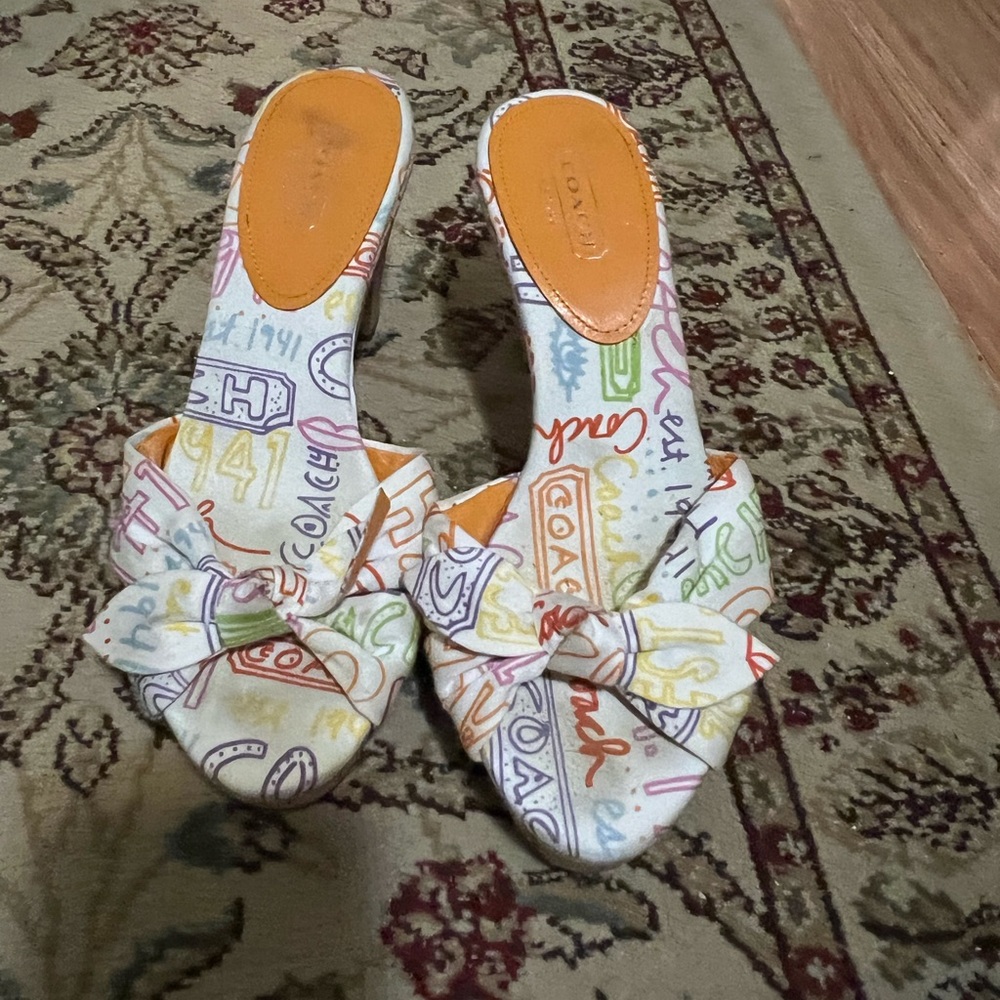 Coach Multicolor Logo Print Bow Slide Sandals with Orange Insole